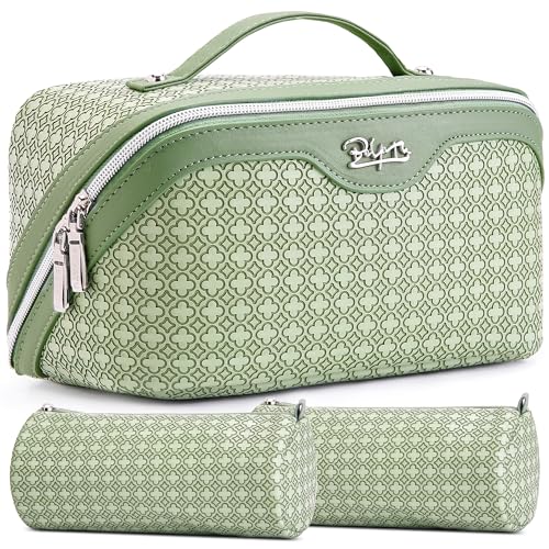 M-01 Green Travel Makeup Bag for Women with Removable Pouches - Lucky Four Leaf Clover Cosmetic Organizer
