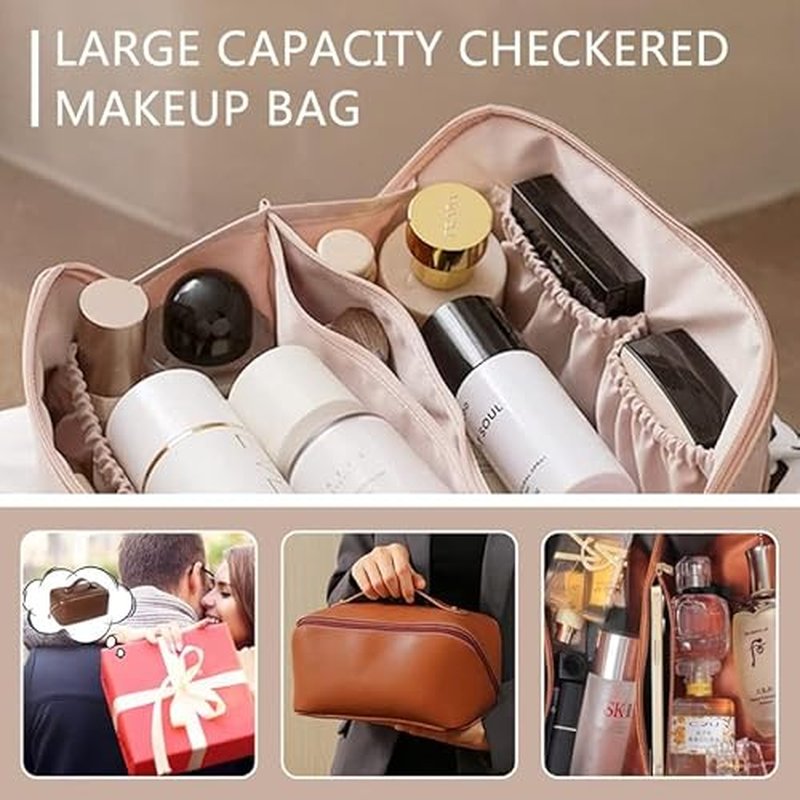Large Capacity Waterproof Travel Cosmetic Bag - PU Leather - Brown Light