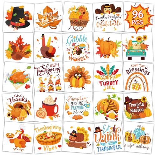 Konsait Thanksgiving Temporary Tattoos, 96Pcs Perforated Give Thanks Pumpkin Turkey Tattoos, Thanksgiving Goodie Bag Stuffers & Accessories, 24 Design