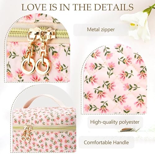3 PCS Travel Makeup Bag Set,A-Z Initials Cotton Make up Bag Floral Quilted Cosmetic Bag for Girls and Women,Personalized Christmas Gifts,Cute Toiletry Travel Accessories Brushes Bags-E