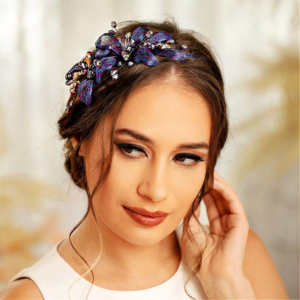 Formery Blue Crystals Bridal Headband Wedding Flowers Bride Hairband Prom Wire Floral Headpiece Hair Accessories for Women