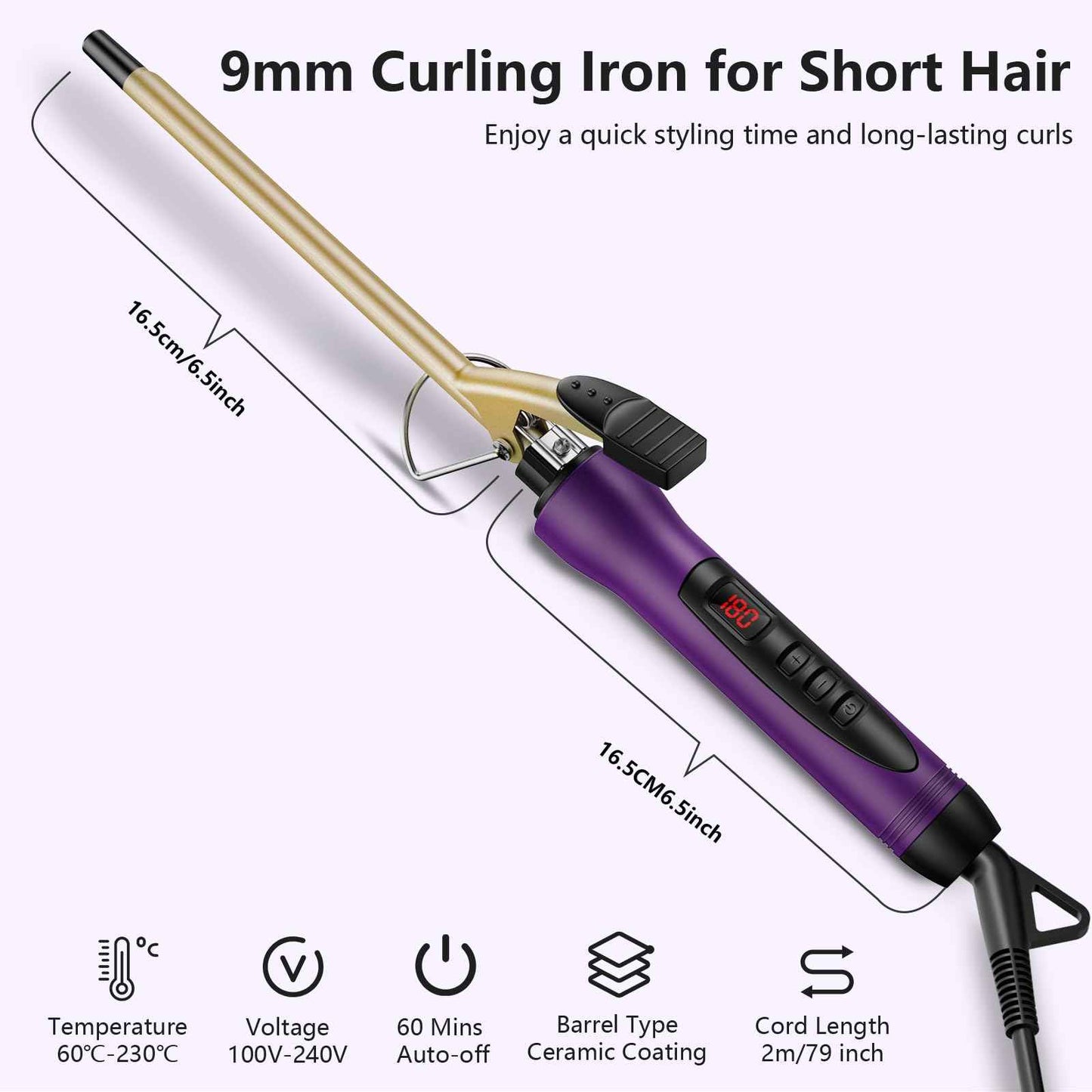 MELYDO 3/8 Inch Small Curling Iron Wand for Short & Long Hair, Ceramic Small Barrel Curling Iron Tiny Curling Wand with Adjustable Temperature, Include Heat Resistant Glove
