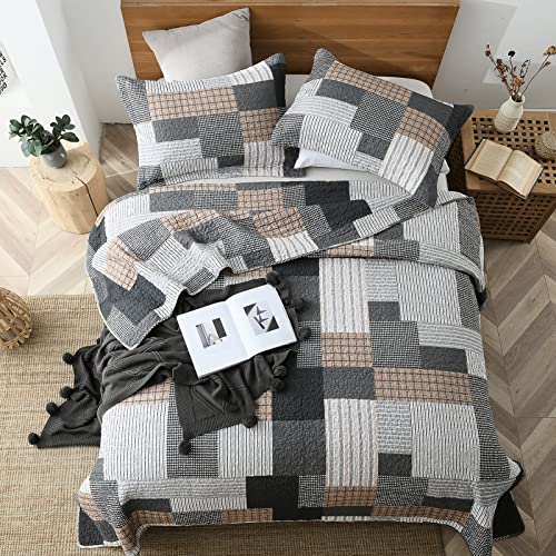 Queen 3-Piece Cotton Patchwork Quilt Set with Reversible Plaid Design - All-Season Bedding, Grey/Black/Brown/White, 90x98 inches