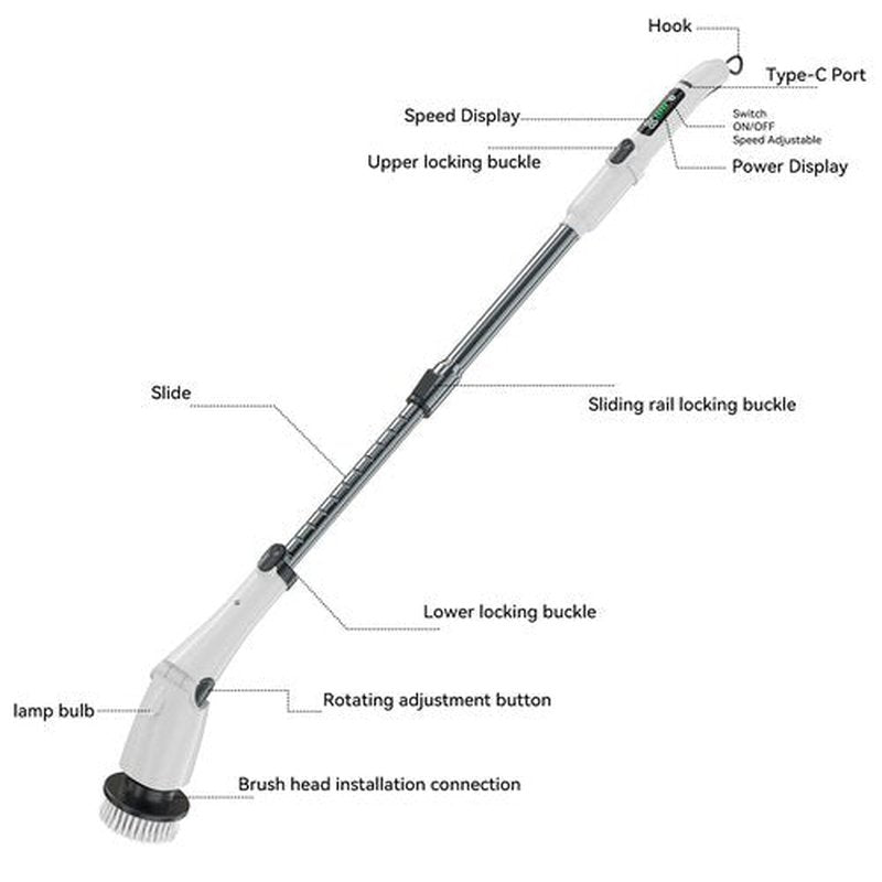 Electric Spin Scrubber Cleaning Brush, Full-Body IPX7 Waterproof Cordless Cleaning Brush with Adjustable Extension Handle, 3-Speed Shower Scrubber with 7 Replaceable Brush for Bathroom, Kitchen, Floor