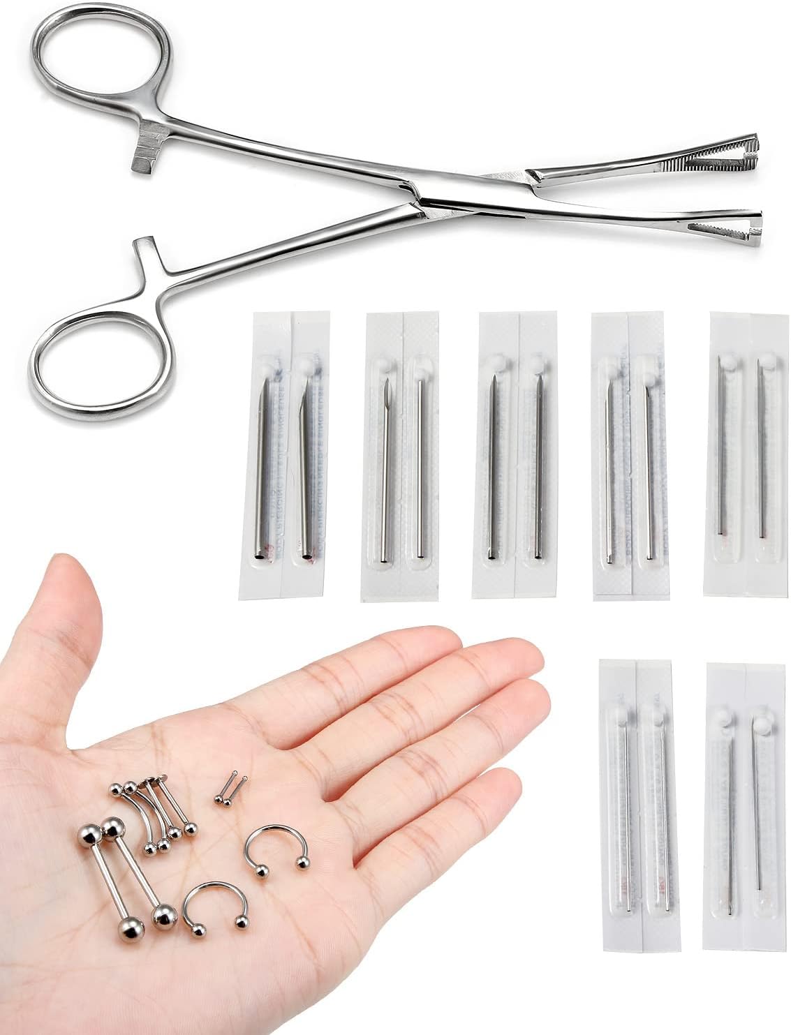316L Surgical Steel Body Piercing Tools Kit - 9 Styles for Nose, Septum, Lip, Tongue & More