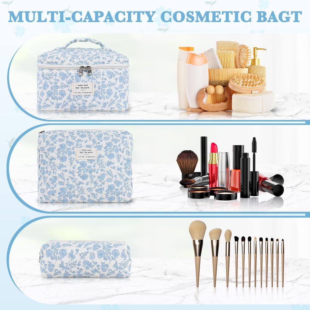 3Pcs Cotton Quilted Makeup Bag Set,Large Floral Cosmetic Bag，Aesthetic Toiletry Travel Makeup Bag Set and Cute Flower Bag for Women Girls (Blue White Flower)