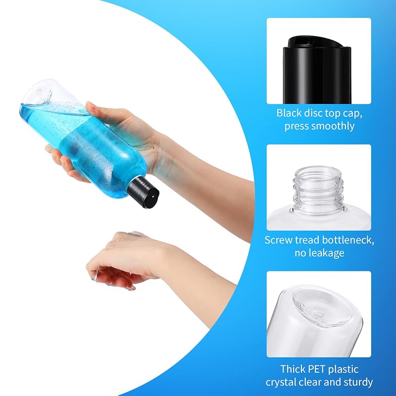 Nuenen 24-Pack 16 oz Clear Empty Lotion Bottles with Black Disc Caps - Leak-Resistant Travel Containers