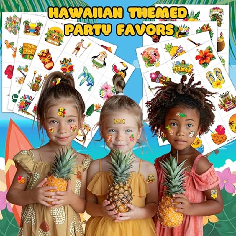 96 PCS Hawaiian Pre-Cut Tattoos Birthday Party Decorations Supplies Favors Tiki Hawaii Luau Hibiscus Temporary Tattoos Flower Tropical Summer Beach Aloha Palm Stickers School Prizes Rewards (Normal)