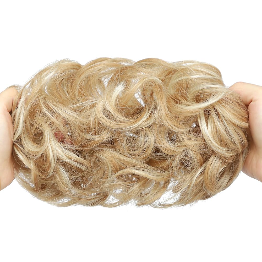 YOLANFAIRY 2PCS Messy Bun Hair Piece Wavy Curly Tousled Updo Hair Buns Synthetic Chignon Elastic Hair Band Fake Bun Hair Pieces for Women (Lighe Golden Brown Mix Bleach Blonde, 2PCS Same)