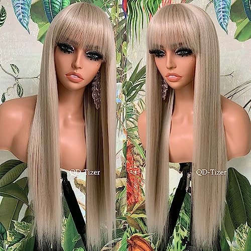 Ash Blonde Synthetic Wig with Bangs - Long Straight Hair, No Glue, 24 Inch