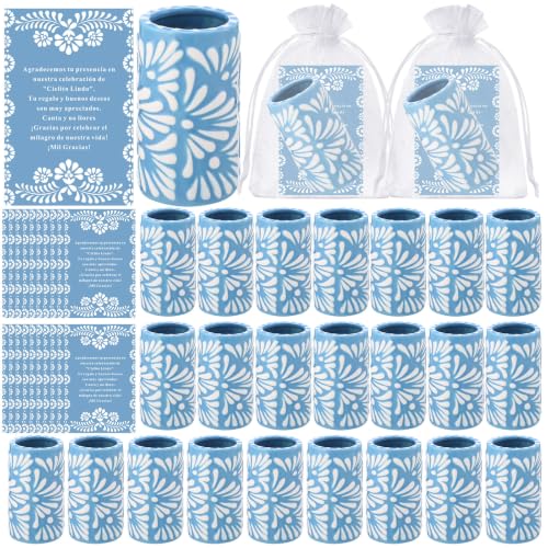 Cielito Lindo Party Favors Set - Blue Handleless Ceramic Shot Glasses, 24 Pieces, Baby Shower & Latin Culture Decor