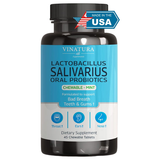 VINATURA Lactobacillus Salivarius Oral Probiotics - Mouth Bad Breath Treatment for Adults, Dental probiotics for Teeth and Gums, Throat, Ear, Nose - 45 Chewable Mint Tablets