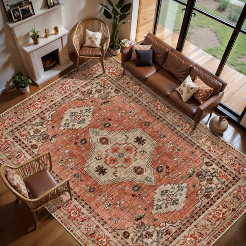 6' x 9' Washable Boho Area Rug with Non-Slip Backing - Terracotta/Tan