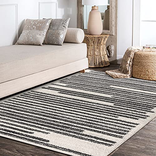 Modern Berber Stripe Area Rug - Cream Black 5'3 x 7'7 - Bohemian, Easy-Clean, Pet-Friendly