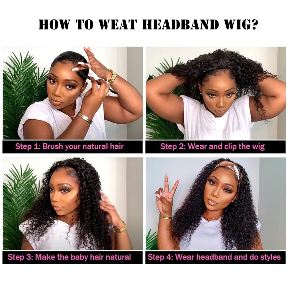 Lauberita Headband Wig Human Hair Wigs 14 Inch Wear and Go Glueless Wig Curly Deep Wave Headband Wig Natural Color