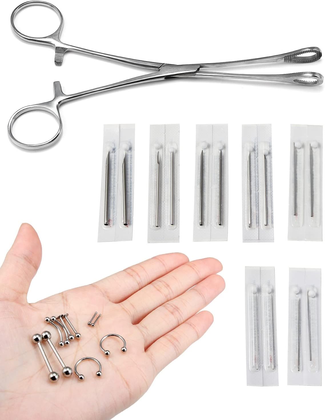 316L Surgical Steel Body Piercing Tools Kit - 9 Styles for Nose, Septum, Lip, Tongue & More
