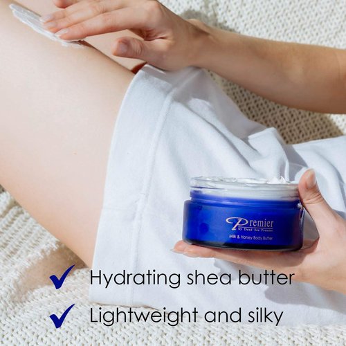 Premier Dead Sea Aromatic Body Butter- Milk and Honey, anti aging skin care, moisturizer, hydrating shea butter, firming, age spots, neck & Décolleté, lightweight & silky, 5.95Fl.oz