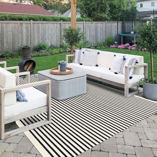 Indoor Outdoor Striped Area Rug - Washable Cotton Blend, 8x10 Light Beige & Black Variation