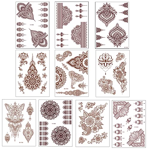 10 Pcs Henna Tattoo Kit Temporary Tattoo Adul Stickers Lace Pattern Fake Tattoos Henna Sticker for Women Girls DIY on Body Face Arms Legs Brown