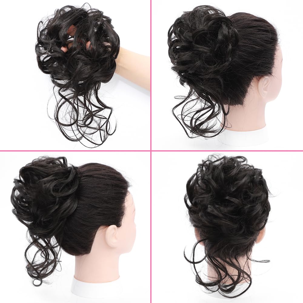 YOLANFAIRY 2PCS Messy Bun Hair Piece Wavy Curly Tousled Updo Hair Buns Synthetic Chignon Elastic Hair Band Fake Bun Hair Pieces for Women (Dark Brown, 2PCS Diverse)