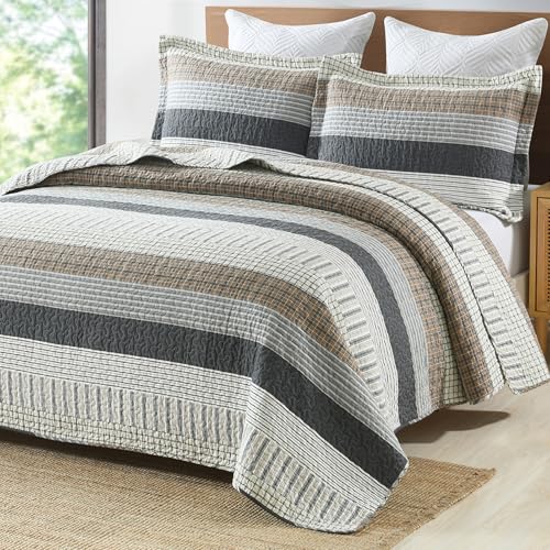 Queen Size Cotton Quilt Set with Reversible Patchwork Bedspread - Farmhouse Lightweight Bedding, 3 Pieces - White, Brown, Grey