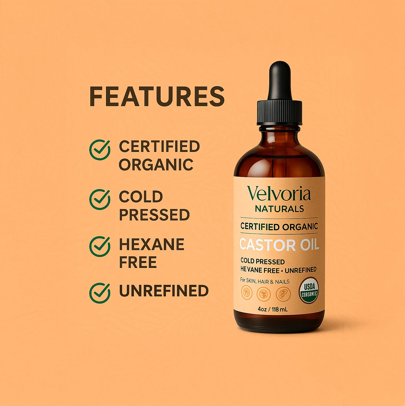 VELVORIA NATURALS Castor Oil Organic Cold Pressed Hexane Free - 4oz Glass Bottle. Pure Natural Oil for Hair, Eyelashes, Eyebrows.