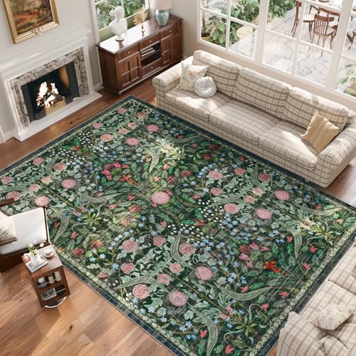 AMTOVO 8x10 Dark Green Washable Area Rug - Large Boho Floral Non-Slip Carpet for Living Room & Bedroom