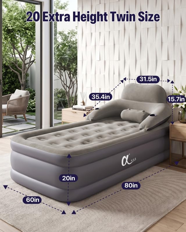 α阿尔法 Twin XL Air Mattress with Built-in Pump, Headboard & Cup Holders, 20" Height