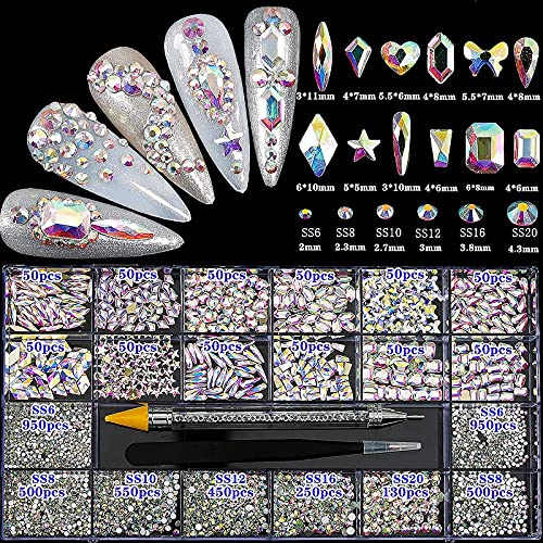 4880Pcs Rhinestones for Nail, AB Champagne Crystal Nail Rhinestones Set, Nail Round Beads Flatback Glass Gems Stones, Multi Shapes Nail Rhinestones for Nail DIY Crafts Clothes Shoes Jewelry