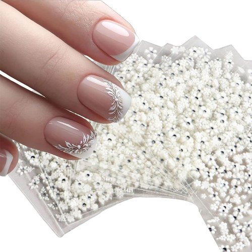 30 Sheets White Rhinestones Flower Nail Art Stickers, 3D Self Adhesive Flower Nail Sticker Design Holographic Small Floral with Rhinestones Nail Art Decals Nail Supplies for Women Nail Decoration