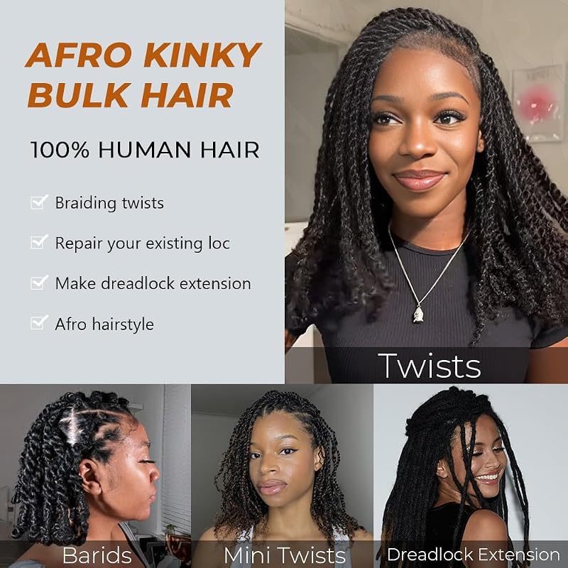 Queen Virgin Remy QVR Pro Afro Kinky Curly Human Hair Bulk for Dreadlocks, 12 Inch, 50 Grams - Auburn Brown (Variation: Auburn Brown+12 Inch)