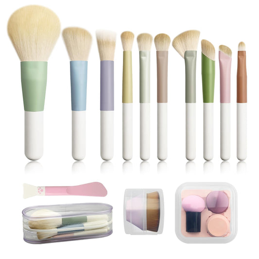 Voxora Mini Travel Makeup Brush Set with Case, Foundation Makeup Brush, Silicone Face Mask Brushe& Makeup Sponge, Mini Makeup Brush Set for Powder, Eyeshadow, Highlight, Contour, Blush, & Concealer