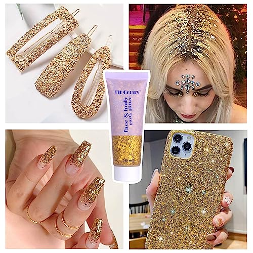 Gold Body Glitter Gel & 2 Sheets Face Gems Rhinestones Set, Face Glitter Makeup & Hair Jewels Stick on, Holographic Hair Glitter Eye Gems,Chunky Glitter Face Jewels for Makeup Festival