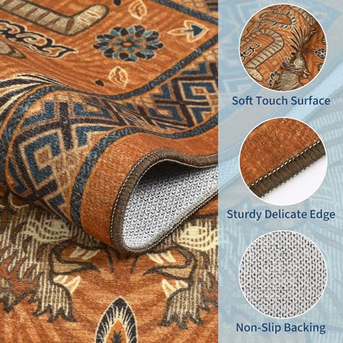 Terracotta Tiger Boho Washable Area Rug 6x9 ft Non-Slip Vintage Living Room