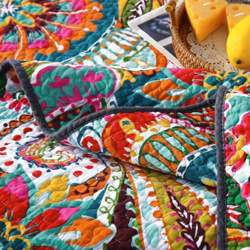 Boho King Size Cotton Quilt Set - Vibrant Paisley Coverlet with Pillow Shams, Variations of Orange, Red, Blue, Yellow, White
