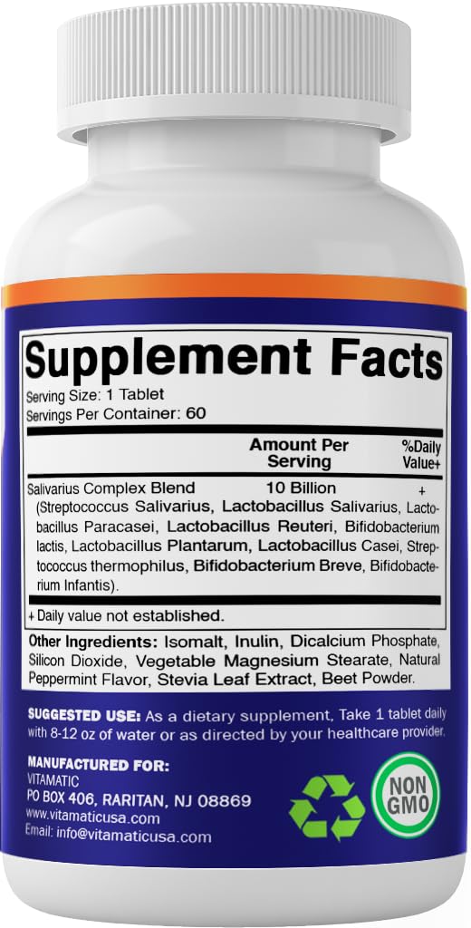 Vitamatic Salivarius Complex 10 Billion Chewable Mint Flavored Tablet - 60 Count - Oral Health Chewable Probiotics + Prebiotics - Supports Healthy Teeth, Gums, & Better Breath