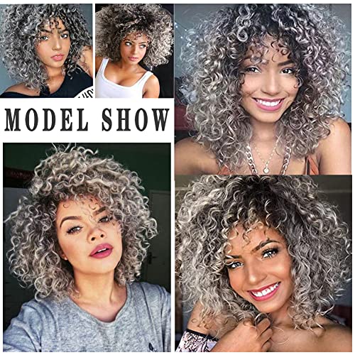 Gray Afro Curly Wig with Bangs for Black Women - Ombre Short Hair, Adjustable Fit, Synthetic Fluffy Style - Variation of THIS listing