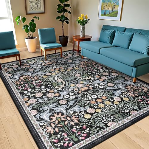 8x10 Floral Area Rug - Dark Black Washable Boho Carpet for Living Room