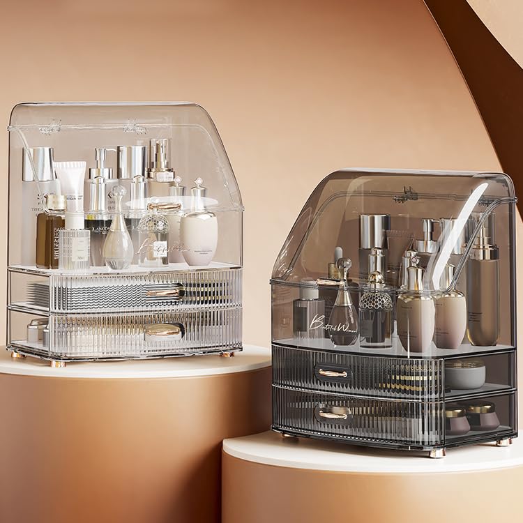 Plukers Makeup Organizer Countertop Vanity with Transparent Lid Drawers Waterproof Dustproof Cosmetic Skincare Bathroom Storage Gift for Women Teens Girls (Clear Black)