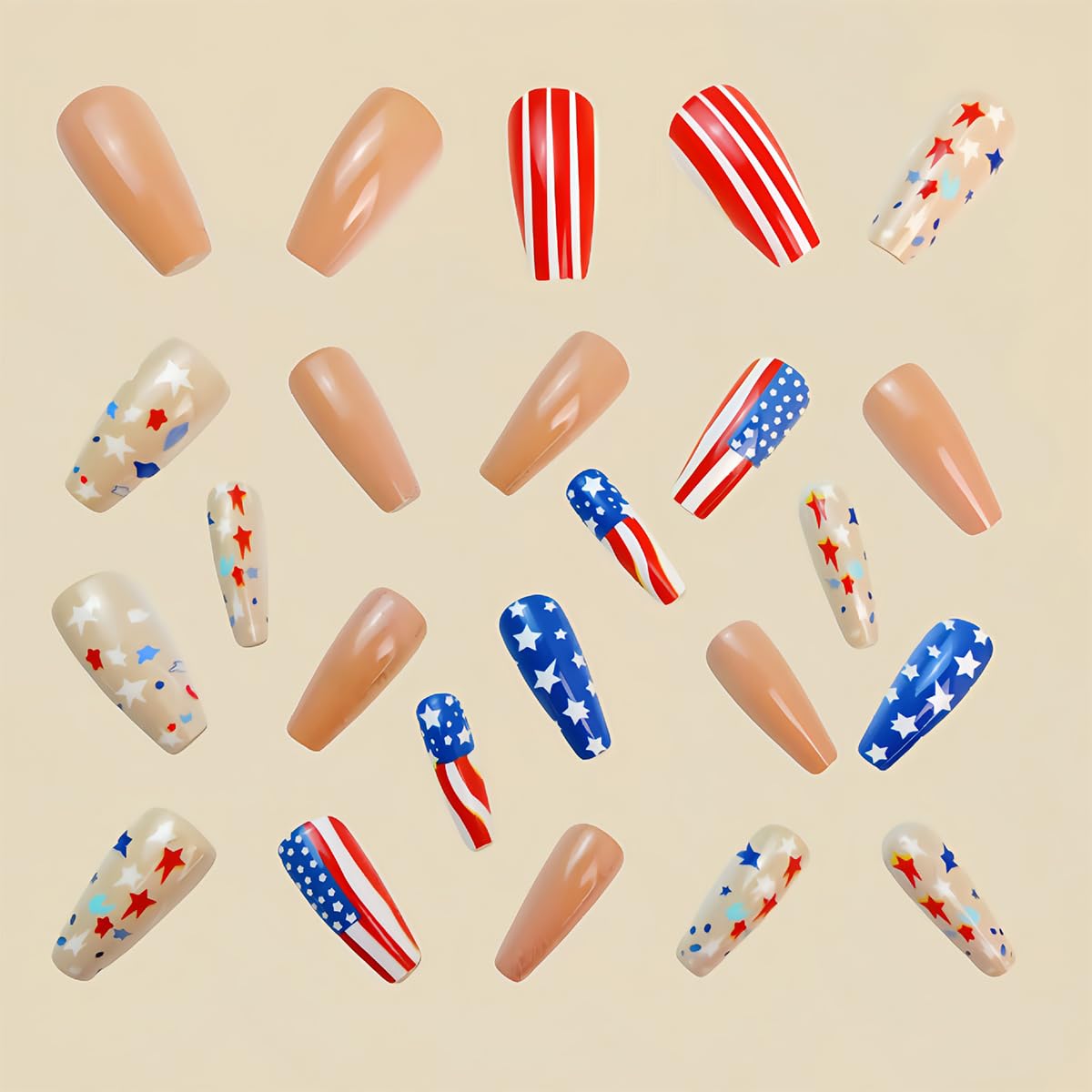 24 Pcs 4th of July Press on Nails Medium Coffin Fake Nails Glossy Nude Acrylic Nails with USA Flag Designs Independence Day Glue on Nails Patriotic Artificial False Nails for Women Nail Art Decoration