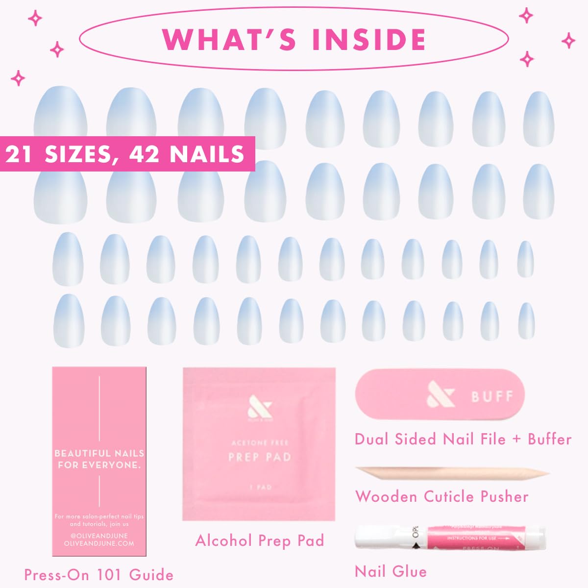 Olive & June Instant Mani Press On Nails (Glue) | Blue Gradient | Medium, Almond 42 Fake Nails, 21 Sizes Non-Toxic, Long-Lasting Recycled Materials Realistic Look | BP Ombre