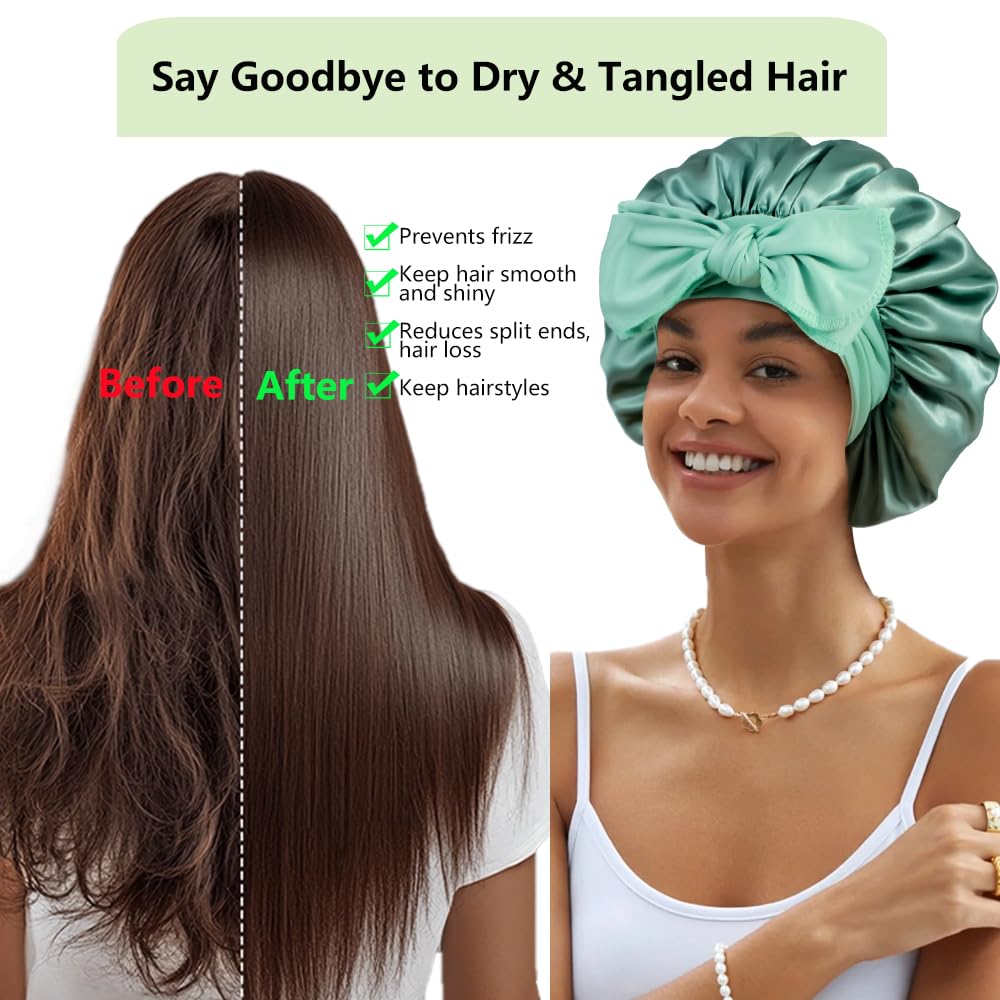 1+3 Large Satin Bonnets with Scrunchies for Women, Double Layer Hair Bonnet Tie Bonnet for Sleeping Braids Curly Hair, C