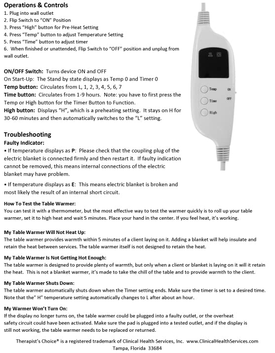Deluxe Fleece Massage Table Warmer, w/ 12 Foot Power Cord. for Use with Massage Tables Only, Do Not Use as a Bed Blanket Warmer. Note it Does NOT GET HOT! Maximum Temperature is About 88 Degrees F