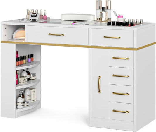 Belandi Manicure Table Nail Station for Nail Tech, Glass Top Nail Table Acetone Resistant w/Dust Collector, 7 Drawers & 3-Tier Shelves, Nail Workstation w/Wrist Cushion, Golden Handles(White-New)