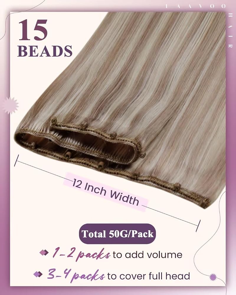 LaaVoo Beaded Weft Hair Extensions - Real Human Hair, 22in, 50g, Light Ash Blonde 613