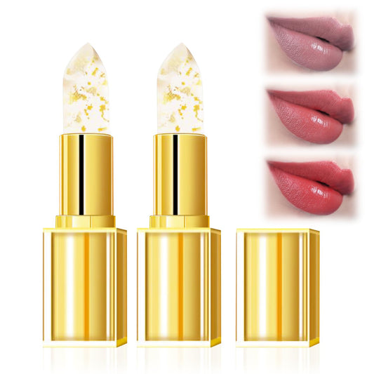 Color Changing Lipstick,Transferproof Colors Changings Transparente Lipsticks,Gold Crystal Color Changing Lipstick, Long Lasting 24 Hours Moisturizing Glossy Shine Lip Gloss(2PCS)