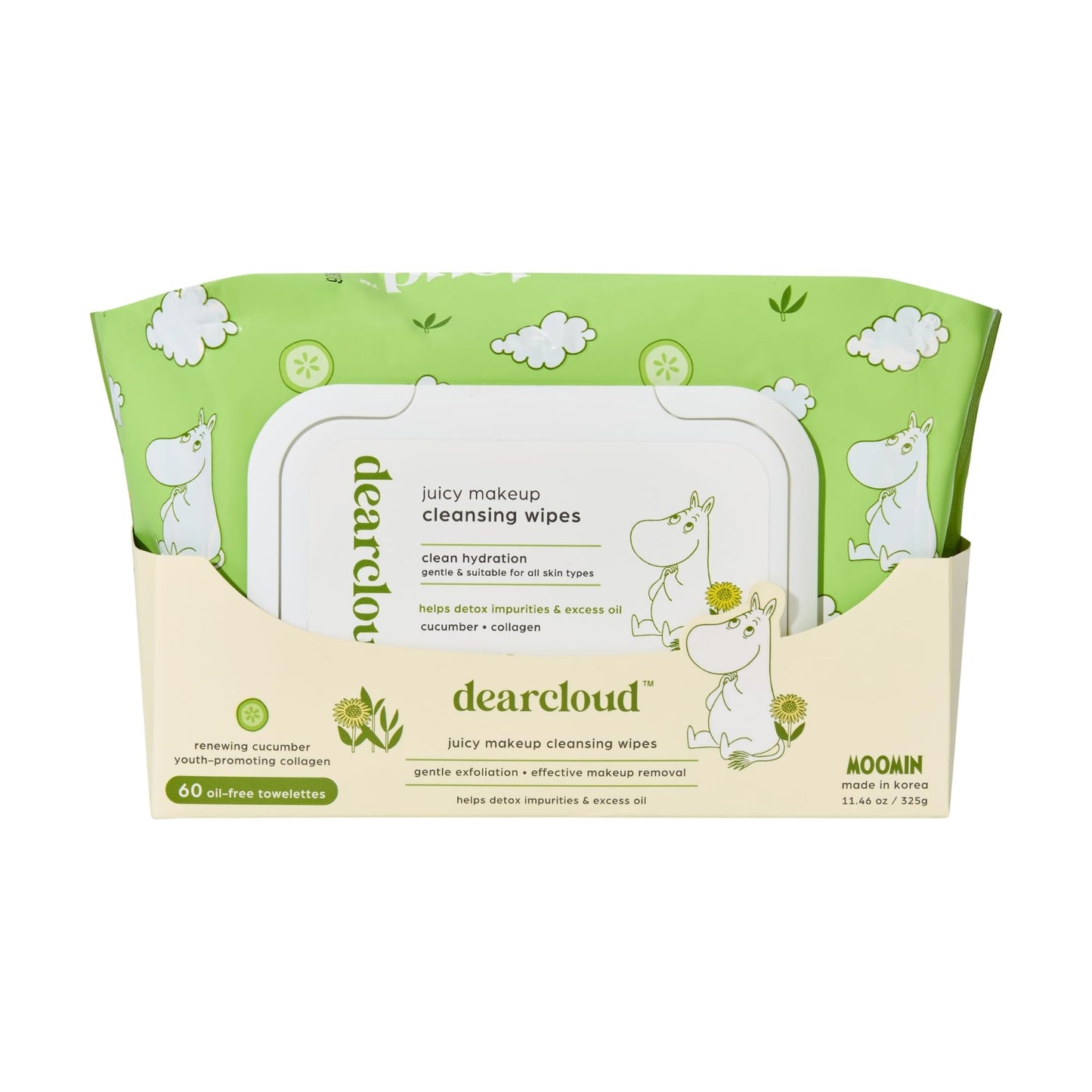 dearcloud Moomin Juicy Makeup Cleansing Wipes - 60 count- Cucumber & Collagen Makeup Remover Towelettes (Renewing Cucumber)