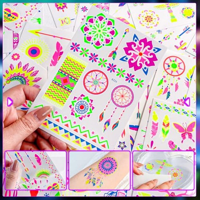 24 Sheets Glow in The Dark Temporary Tattoos, 320pcs Waterproof Neon Glow Party Tattoos, UV Black light Reactive Light Face Flash Tattoo Stickers for Parties, Halloween, Beach