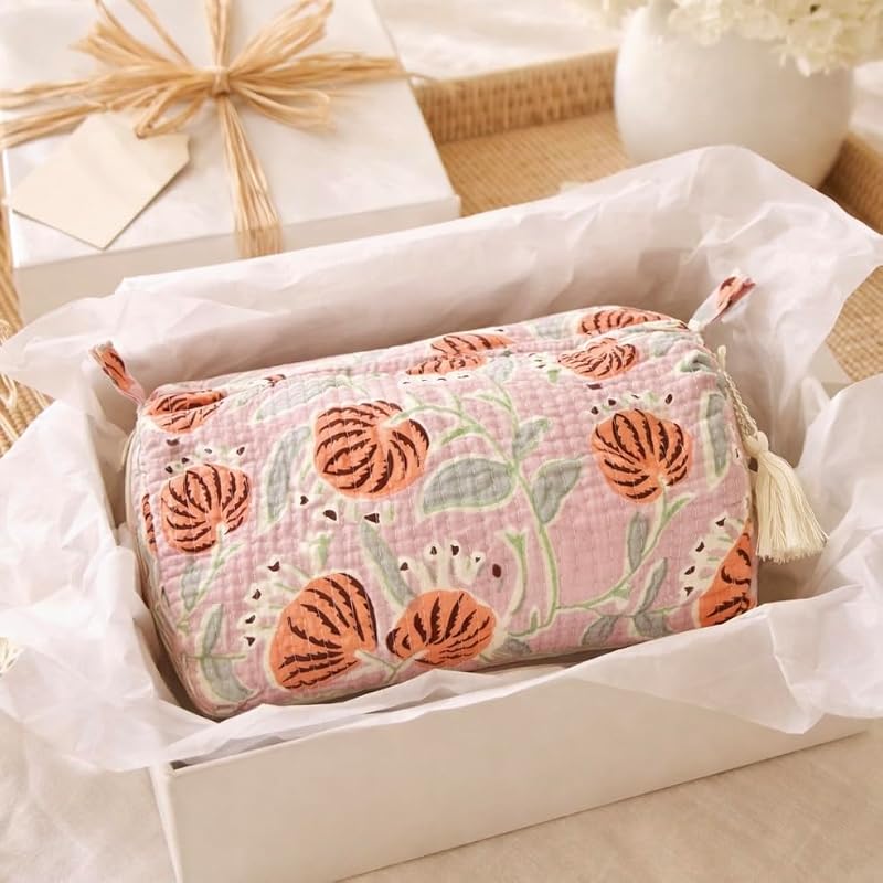 Pink Tiger Block Print Makeup Bag & Toiletry Pouch – Quilted Cotton Travel Organizer for Women