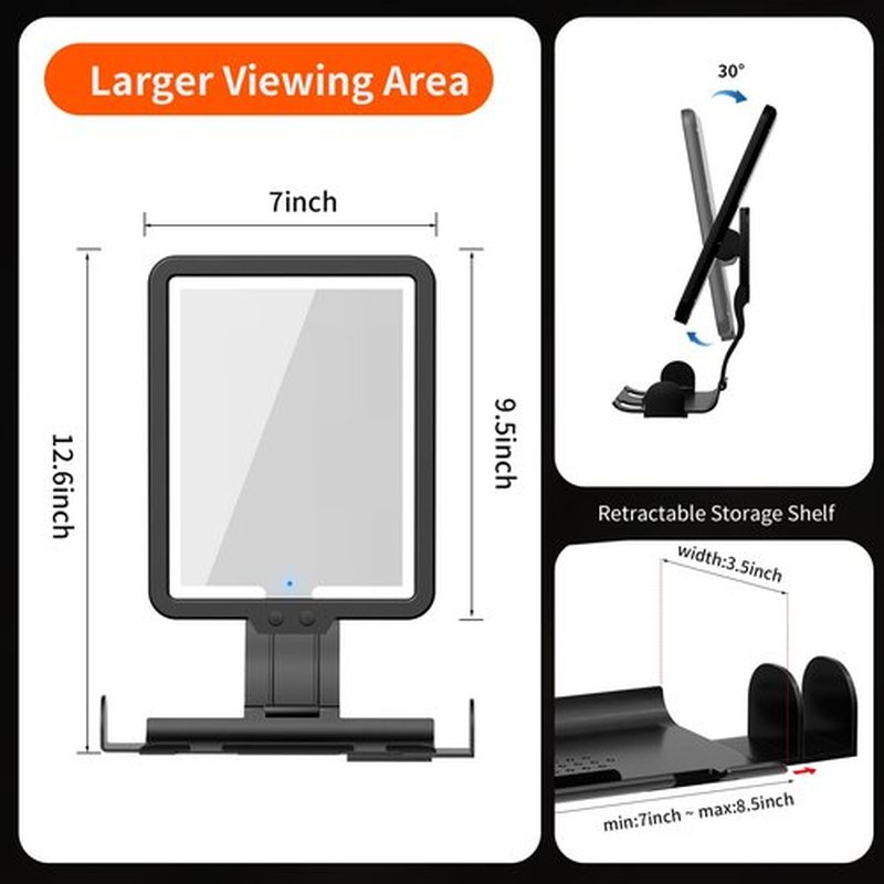 Lighted Shower Mirror Fogless for Shaving, Heated Fog Free Large 9.5*7inch 3 Color Modes Dimming Shower Shaving Mirror with Light, Rechargeable Anti-Fog Shower Mirror with Storage Tray & Razor Holders